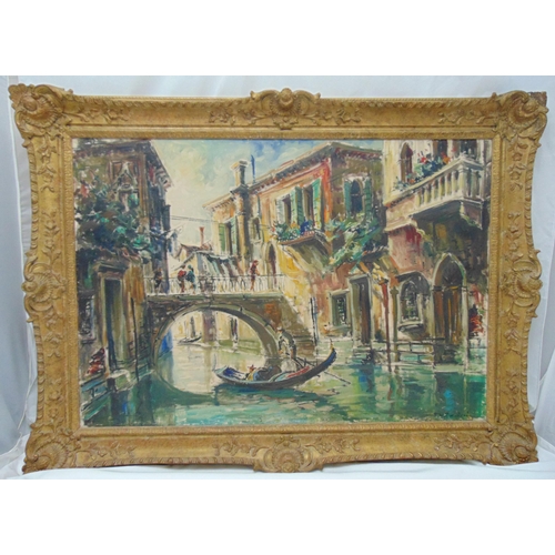 81 - A framed oil on canvas of a Venetian canal scene, indistinctly signed bottom right, 70 x 101cm