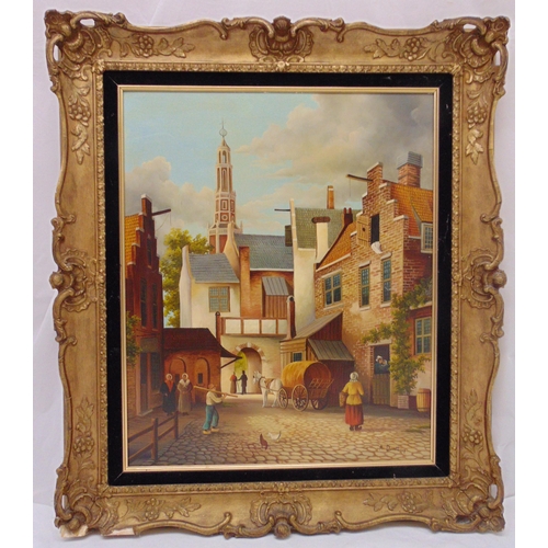 82 - A. Dorstberg framed oil on panel of Dutch cityscape with figures in the foreground, signed bottom ri... 