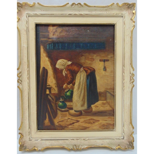 84 - R. Long framed oil on canvas of a Dutch interior scene, signed bottom right, 39.5 x 29.5cm