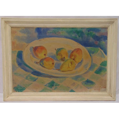 94 - Rabus framed oil on canvas still life of fruit on a plate, signed bottom right, 38 x 55.5cm