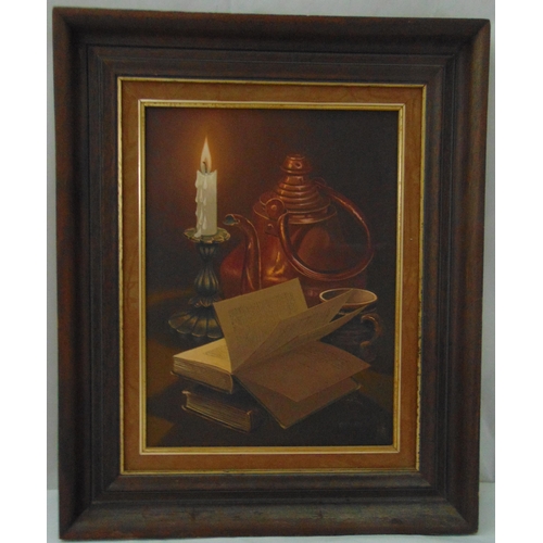 96 - George J. Bailey framed oil on canvas still life of a candle, kettle and a book, signed bottom right... 