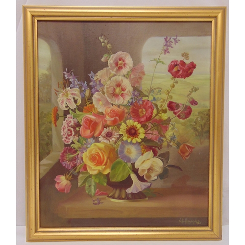 97 - Victor Hernandez framed oil on canvas still life of flowers, signed bottom right, 61 x 50.5cm