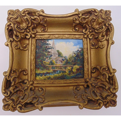 98 - A framed oil on panel of trees and a house monogrammed bottom right DRN, 10.5 x 12cm