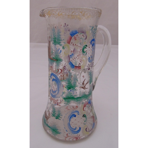 156 - A late 19th century continental glass flagon overlaid with images of birds, scrolls and vegetation, ... 