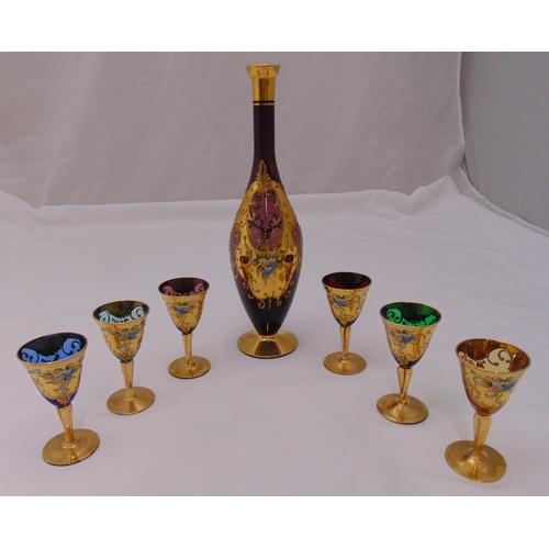 158 - Murano amethyst glass decanter, 36.5cm (h) and six matching glasses decorated with gilding and appli... 