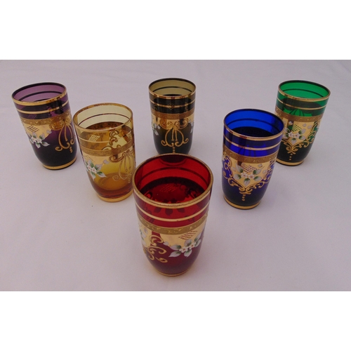 159 - A set of six Murano coloured glasses with gilt overlay, 11cm (h)