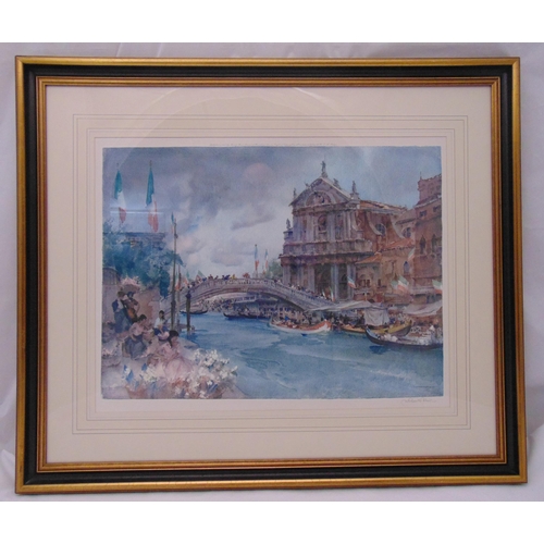 48 - William Russell Flint framed and glazed polychromatic lithographic print of a continental bridge ove... 