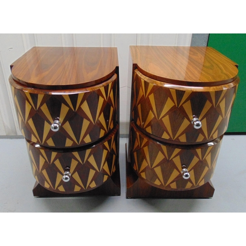 5 - A pair of Art Deco style bedside wooden side tables shaped rectangular with bowed front, the drawers... 