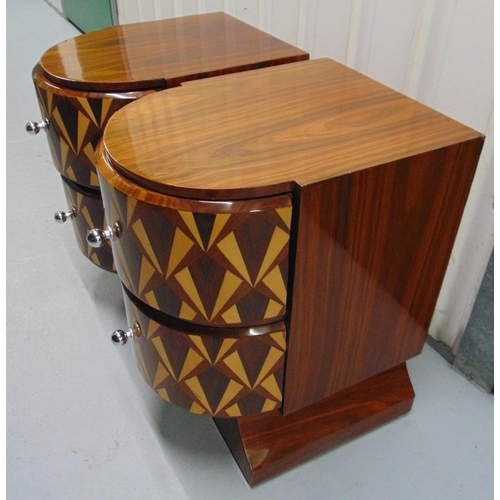 5 - A pair of Art Deco style bedside wooden side tables shaped rectangular with bowed front, the drawers... 