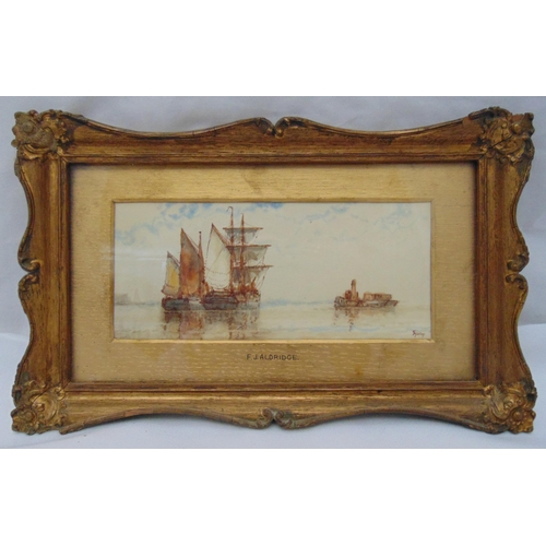 53 - F J Aldridge a pair of framed and glazed watercolours of sailing ships, signed bottom right, 7.5 x 1... 