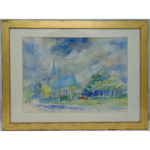 56 - Charles Mozley 1914-1991 framed and glazed watercolour and gouache of a church at Etretat Normandy c... 