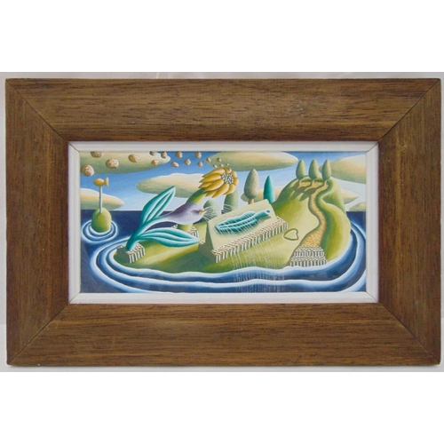 59 - Robin Mason framed and glazed gouache on paper of surreal Island beneath clouds, label to verso, 10 ... 