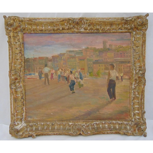 61 - Vasco Lazzola framed oil on panel of figures in an Italian city, signed bottom left and dated 1953, ... 