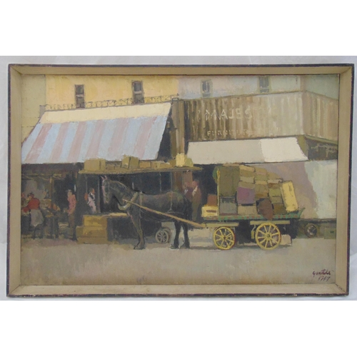 63 - Gentile framed oil on canvas of a horse and cart outside a furniture store, signed and dated 1947 bo... 