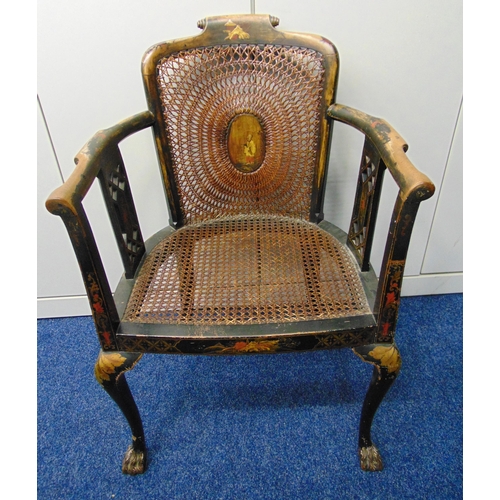 16 - A 19th century Chinoiserie bergere occasional chair on four cabriole legs with claw feet, A/F