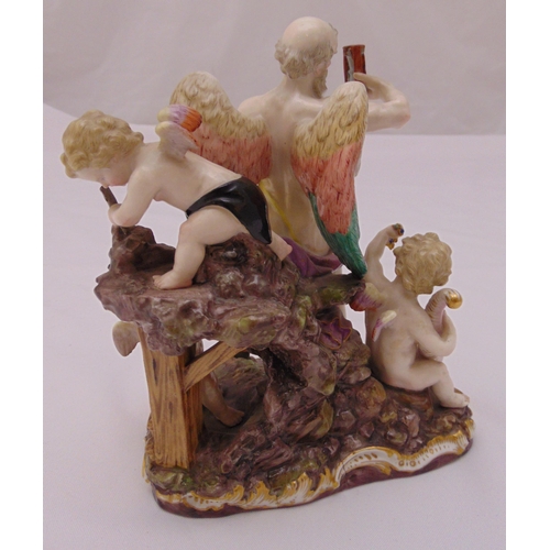 169 - Meissen figural group of an angel and putti on naturalistic base, marks to the base, 19.5cm (h)