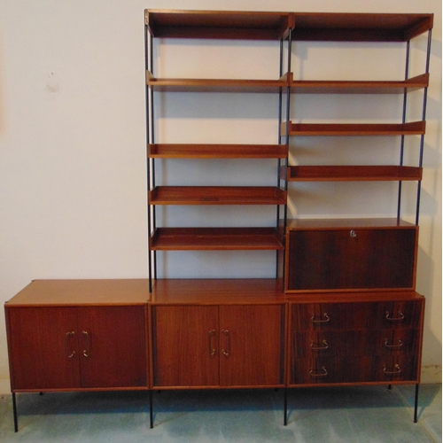 3 - Vanson mid 20th century wall unit with shelves, cupboards and drawers on cylindrical legs, 205 x 207... 