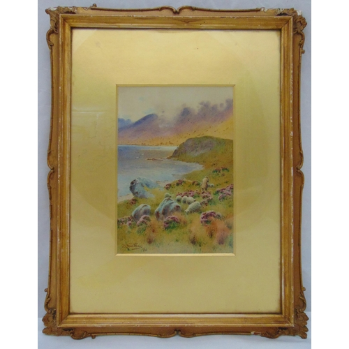 36 - John Abernethy Lynas-Grey framed and glazed watercolour of a mountainous coastal scene with sheep an... 