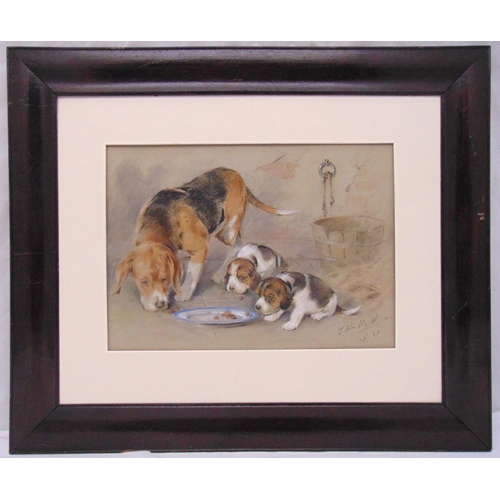 41 - J Hallett framed pastel of a bitch and her puppies signed and dated September 85 bottom right, 30.5 ... 