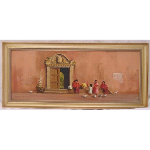 42 - Deborah Jones framed oil on panel of figures in a courtyard, signed bottom left, 30 x 76cm