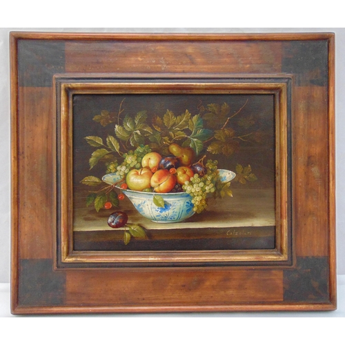45 - Ida Calzolari framed early 20th century oil on copper still life of fruits in a bowl, 20 x 25cm