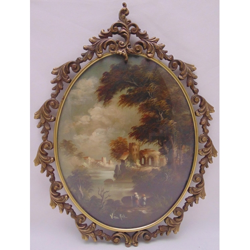 49 - Van Ros four framed and glazed oil painting landscapes mounted in oval brass frames, two signed to t... 