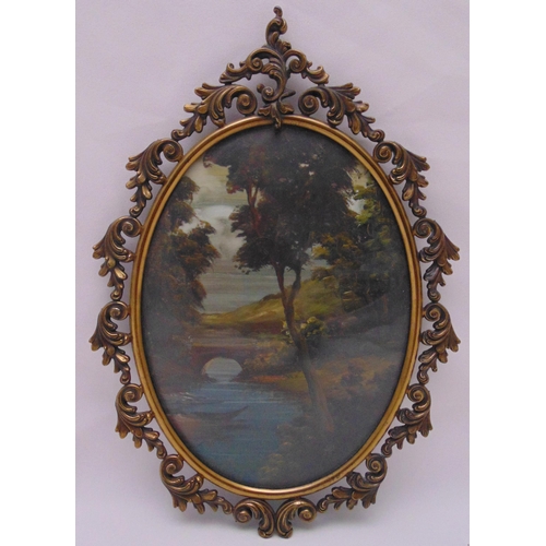 49 - Van Ros four framed and glazed oil painting landscapes mounted in oval brass frames, two signed to t... 