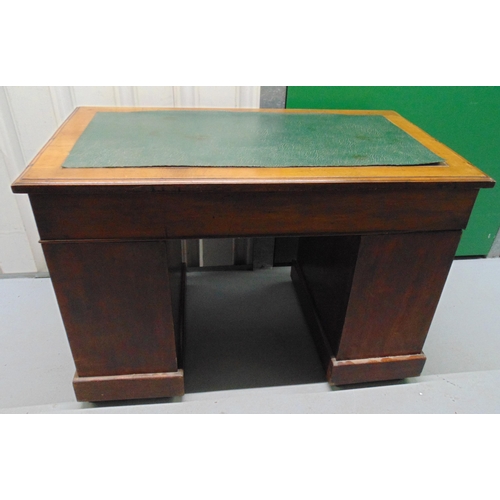 5 - An early 20th century rectangular mahogany pedestal desk with tooled leather top and brass swing  ha... 