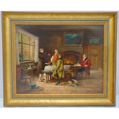 52 - A framed oil on canvas of an 18th century interior scene indistinctly signed bottom right, 41 x 50cm