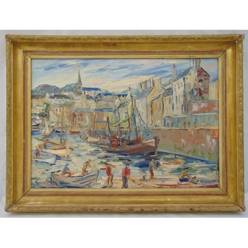 53 - George Hann framed oil on board of a harbour scene with boats, signed bottom right, 47.5 x 67.5cm