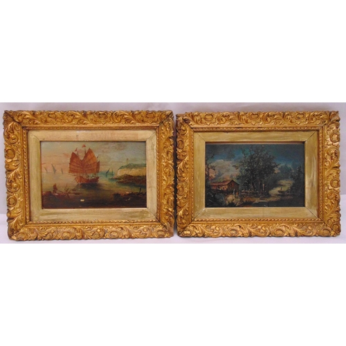 54 - A pair of framed oils on panel of boats in a harbour and a country landscape, in the style of George... 