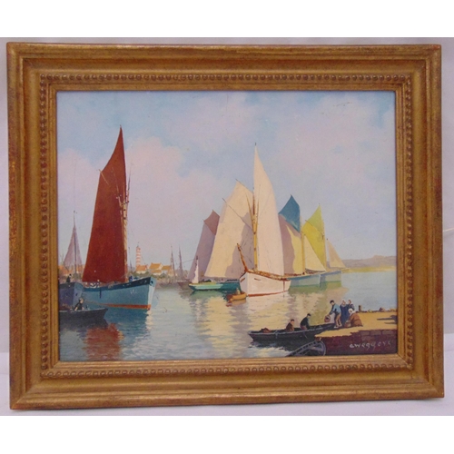 55 - A. Weggers framed oil on panel of boats in a harbour, signed bottom right, 19 x 24cm