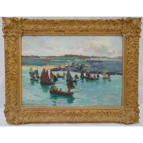56 - John M Bromley framed oil on panel of fishing boats, signed bottom left, 15 x 34.5cm