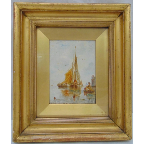 58 - W J Bond framed and glazed oil on panel of a sailing boat in a dock, signed bottom left, 18.5 x 13cm