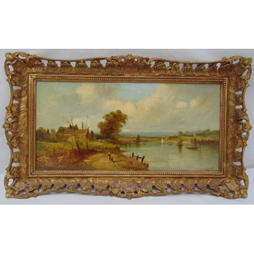 59 - Alfred H Vickers framed oil on canvas of a landscape with boats and figures, signed bottom right, 19... 