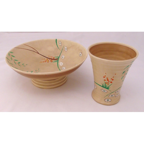 116 - Clarice Cliff Dryday fruit bowl and matching vase, marks to the base, bowl 30.5cm (d) vase 17.5cm (h... 