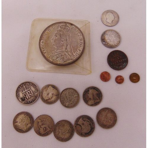 201 - A quantity of pre 1947 silver coins to include 1887 crown, threepences and tokens