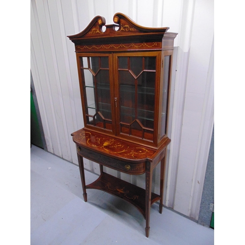 5 - An Edwardian rectangular mahogany inlaid glazed display case with swan neck pediment above glazed hi... 