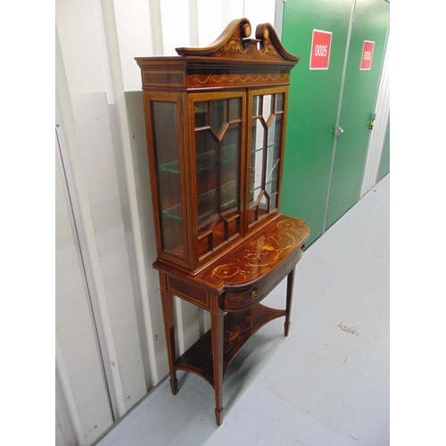 5 - An Edwardian rectangular mahogany inlaid glazed display case with swan neck pediment above glazed hi... 