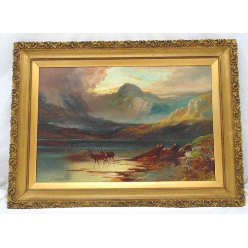 62 - Clarence Roe framed oil on canvas of a Scottish Highland scene with deer to the foreground, signed b... 