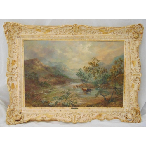 64 - Prudence Turner framed oil on canvas of Highland Cattle in a river, signed bottom right, 50 x 75cm