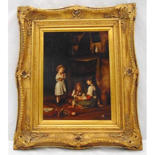 66 - R. Lefaber framed oil on panel of an interior scene with children playing, signed bottom right, 39  ... 