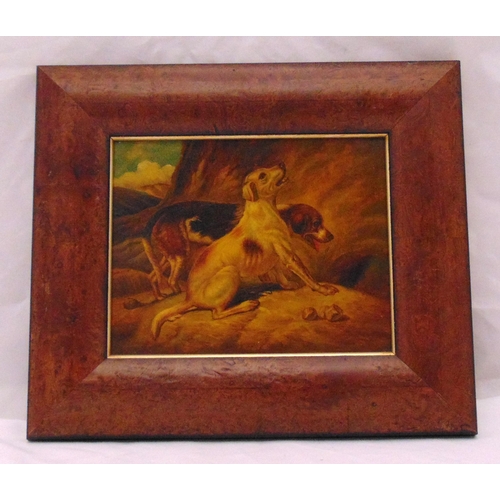 67 - Framed oil on copper of two dogs in a landscape, 18.5 x 23.5cm