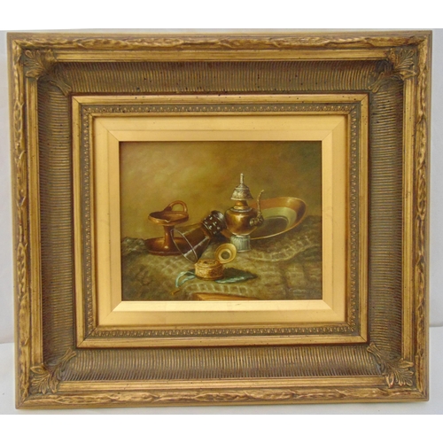 69 - Framed oil on panel still life indistinctly signed bottom right, 19 x 24cm