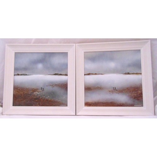 70 - Mia Cameron a pair of framed oils on panel of silent landscapes, signed bottom right, gallery label ... 