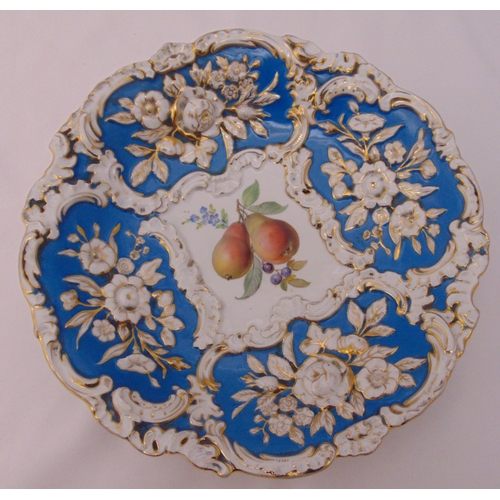 96 - A Meissen fruit dish decorated with pears, grapes and gilded borders, 27.5cm (d)