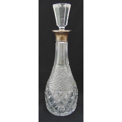 152 - A hobnail cut glass decanter with drop stopper and hallmarked silver collar, 37cm (h)