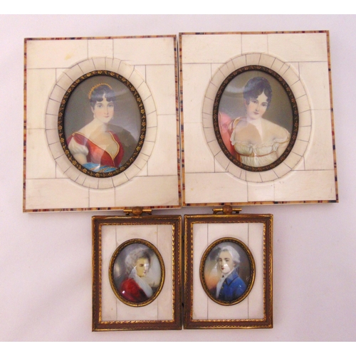 229 - Four polychromatic miniature portraits of ladies and gentleman in ivorine and tortoiseshell rectangu... 