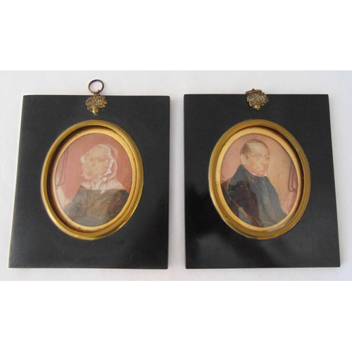 231 - A pair of 19th century hand painted miniatures of a gentleman and a lady, 15 x 13cm