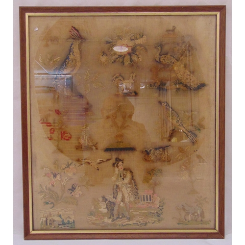 232 - A framed and glazed late 19th century sampler depicting birds and female figures, frame 53 x 46cm